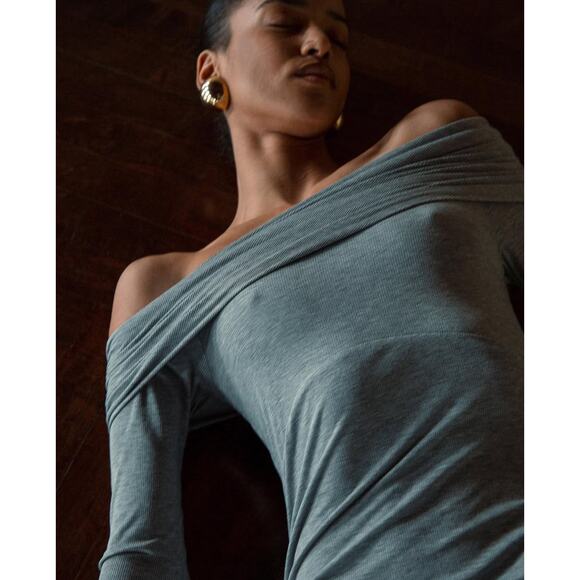 the line by K | NWT Maisie Dress Heather Grey Ribbed Modal Off Shoulder Maxi XL - Picture 15 of 15